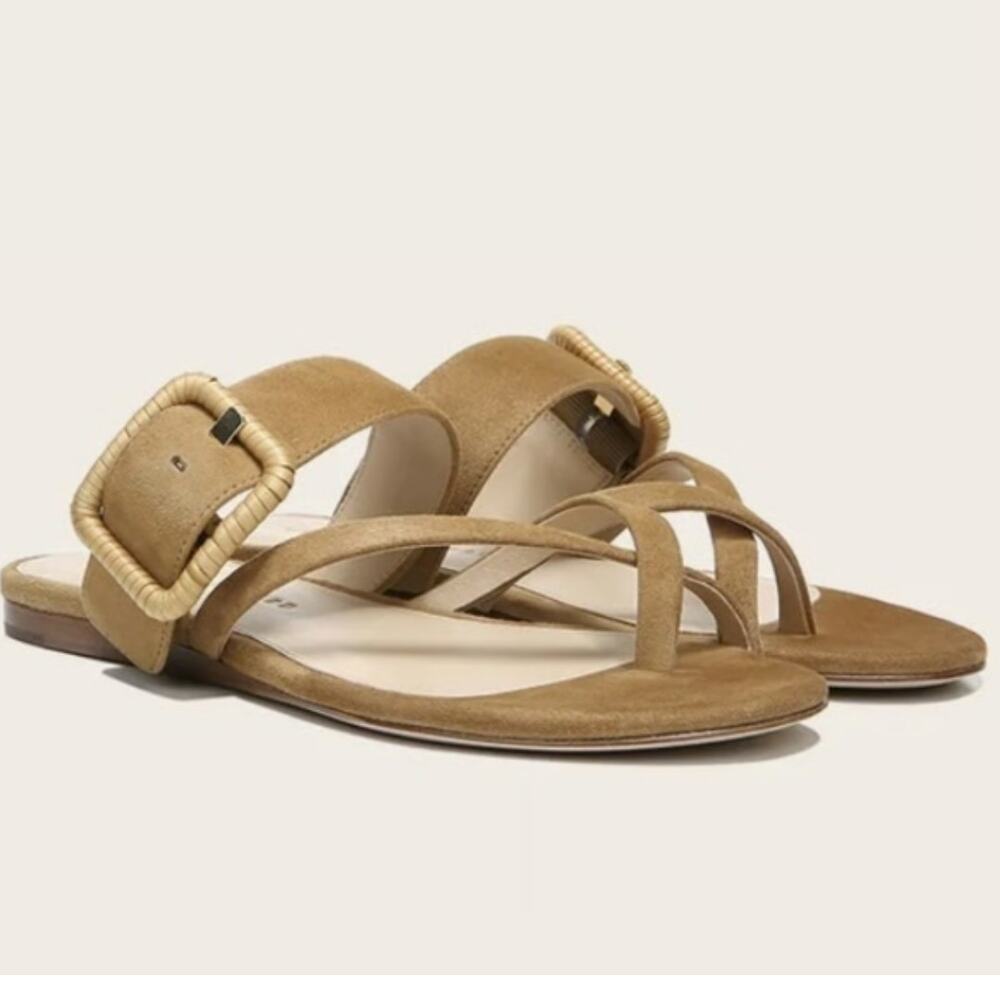 Veronica Beard Flat Sandals Size 9 Leather Suede Salva Buckle Beige Brown